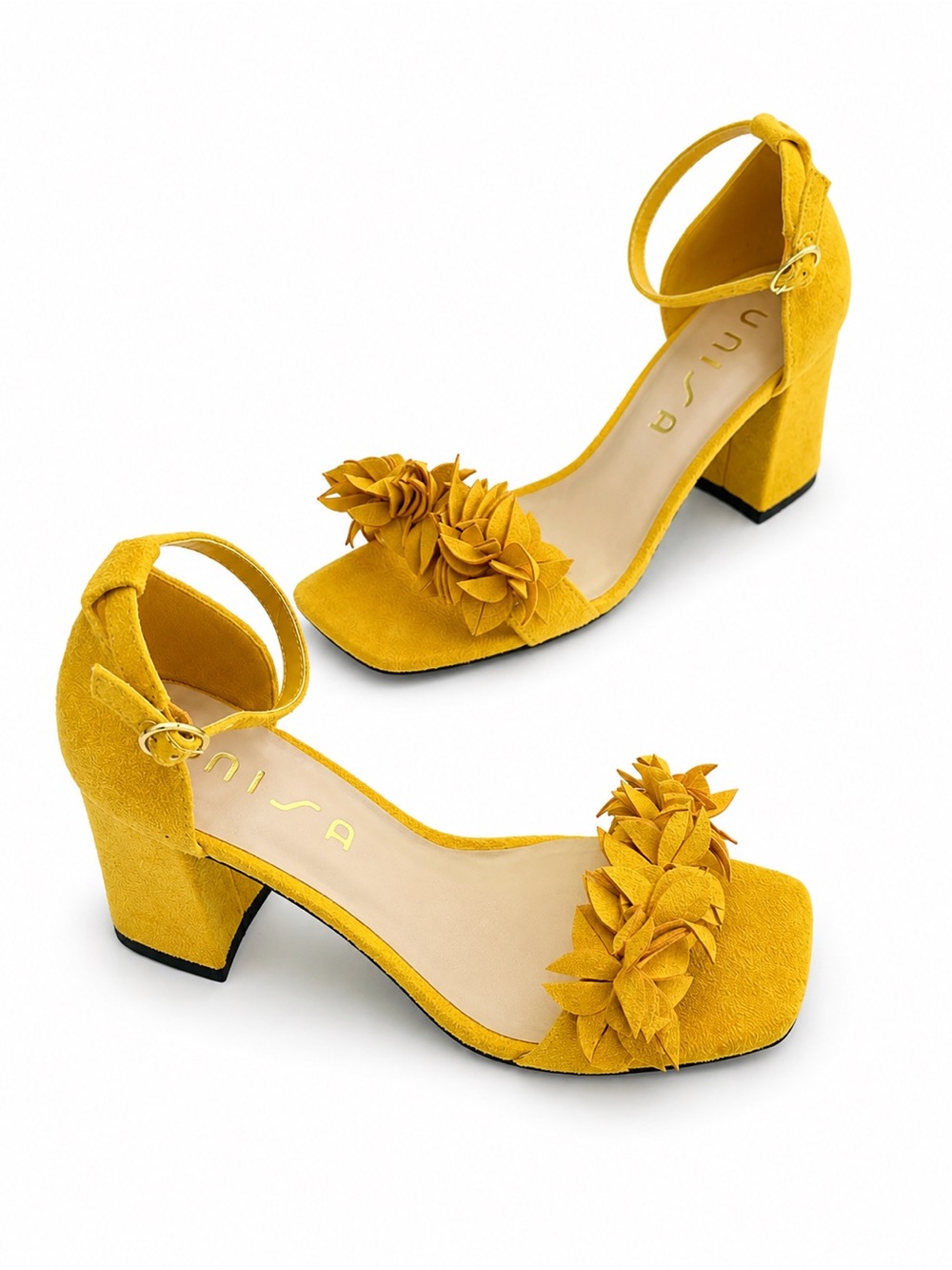 Unisa UNCOZZIE Bright Yellow Floral Block Heel Sandals Size 7.5